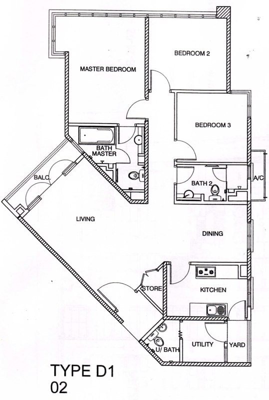 Floor plan of Unit 21-02 (type D1) showing the living and dining room, kitchen, three bedrooms, bathrooms, utility room, yard and balcony