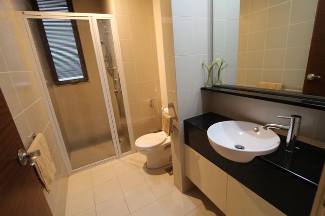 Bathroom with countertop basin and shower