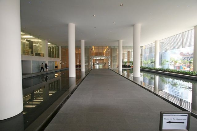 Reflecting pool along the lobby approach